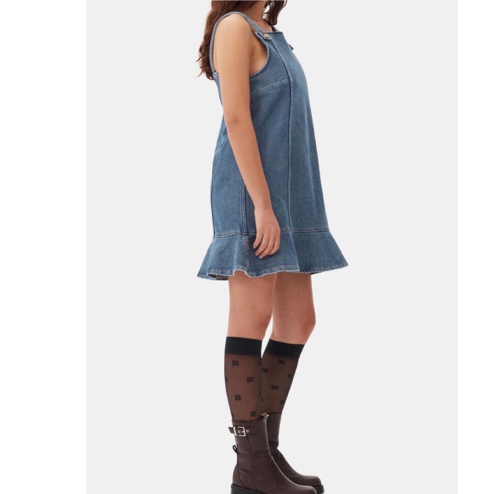 Ganni Denim Pinafore Ruffle Hem Dress Womens S Blue Mini A-Line Overall Straps